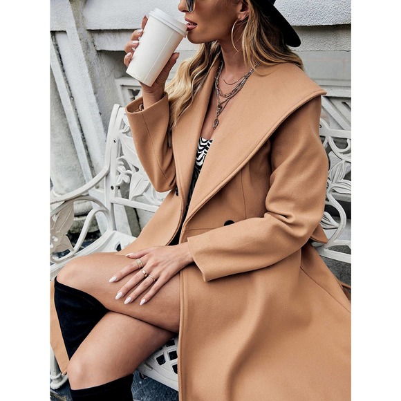 fold over Shawl Collar Double Button Belted Overcoat pea coat camel tan brown - Picture 5 of 10